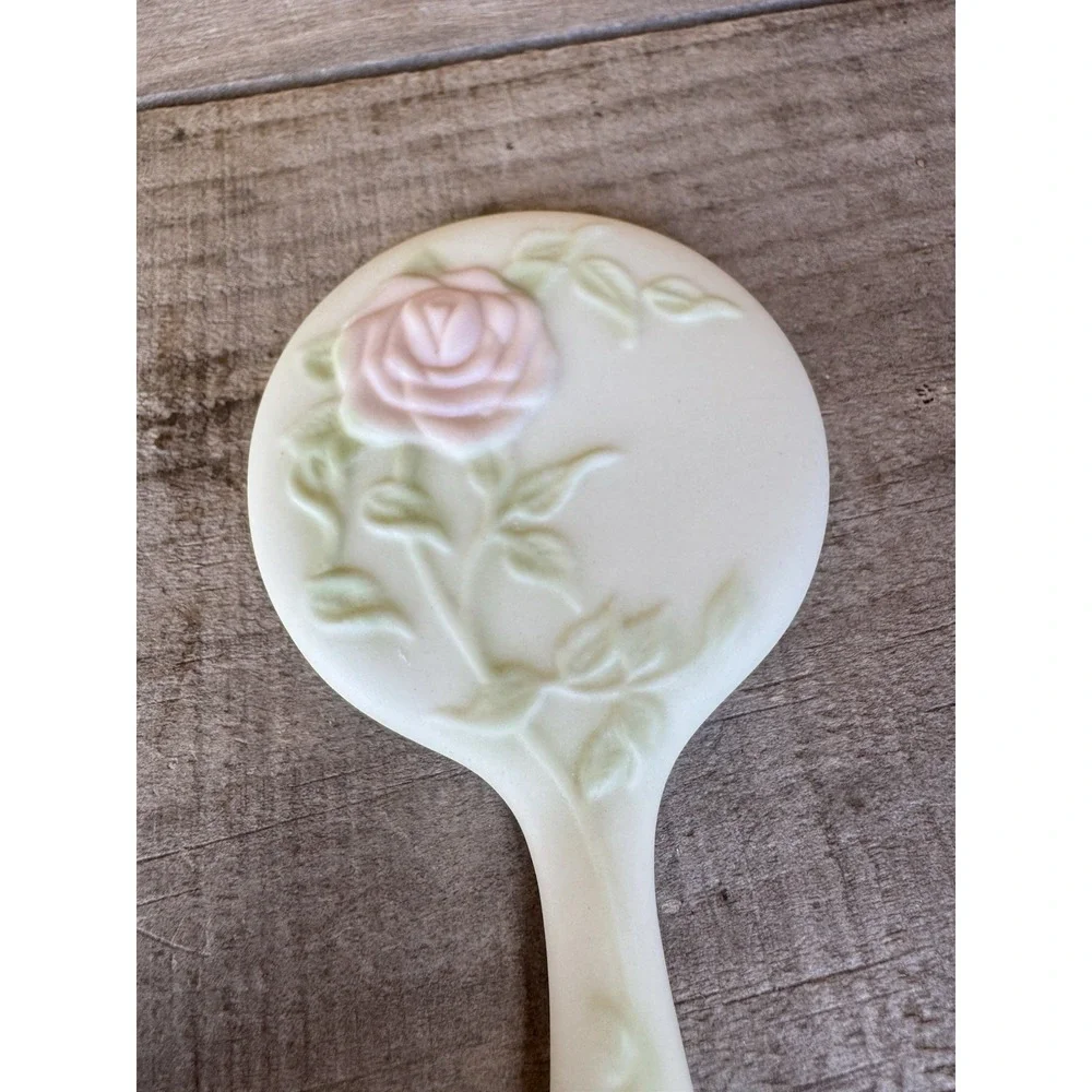ANTIQUE CERAMIC HAND MIRROR ROSE STEM‎ LEAVES CHILD VANITY DOLL VINTAGE OLD
